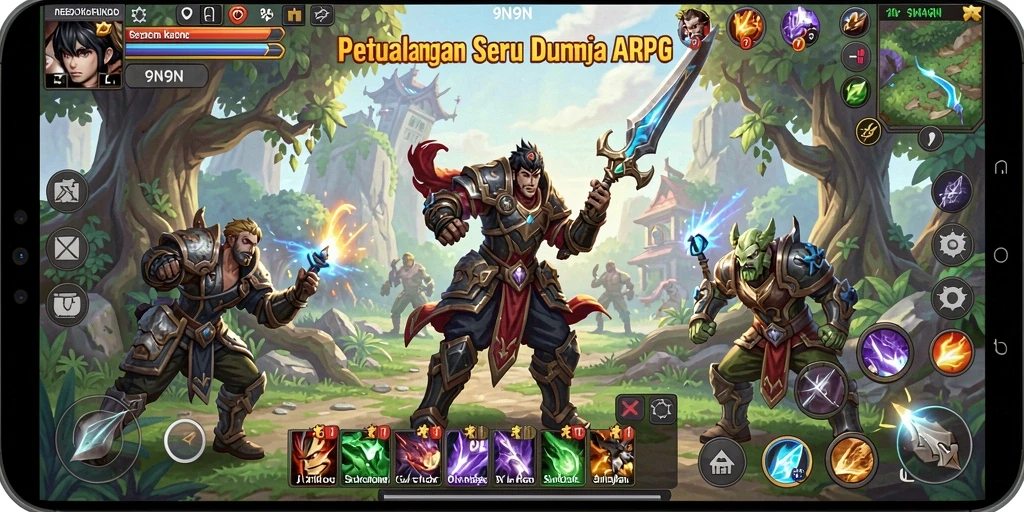 Screenshot utama 9N9N memperlihatkan momen epic dalam petualangan ARPG.