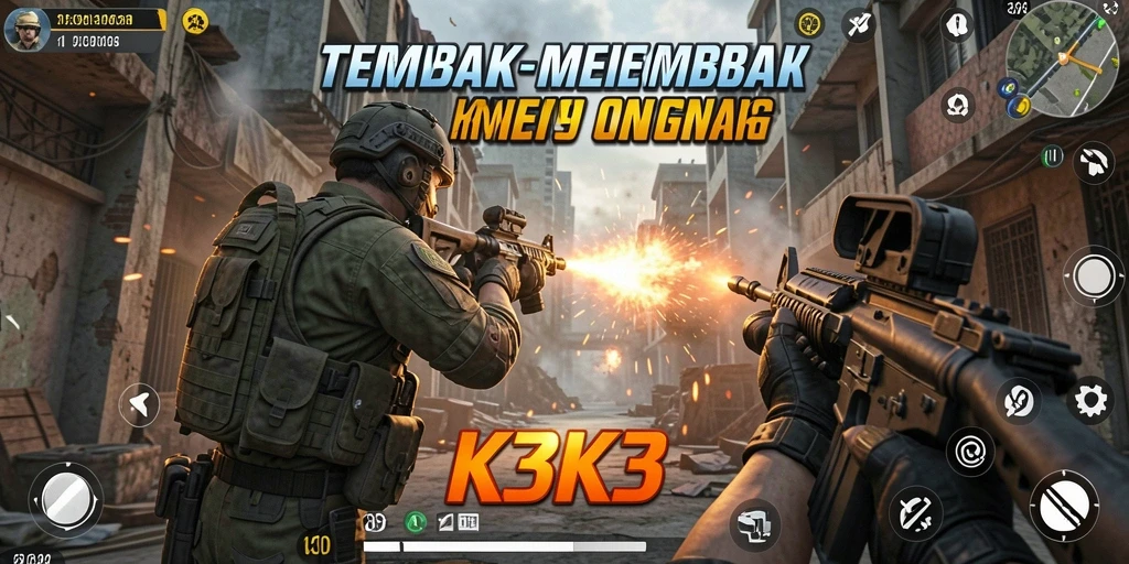 Gameplay K3K3 dengan aksi tembak-menembak yang seru dan mendebarkan.