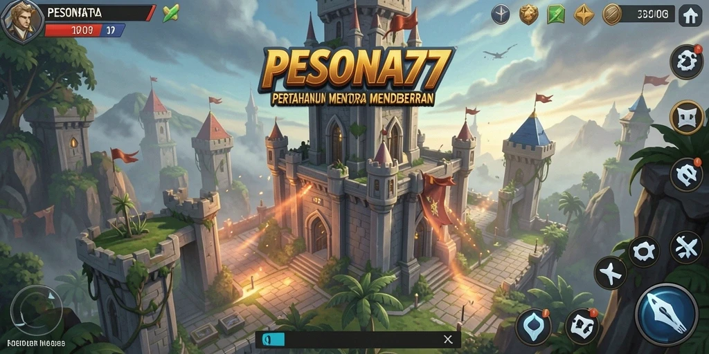 Tampilan gameplay PESONA77 yang mendebarkan dengan menara dan musuh.