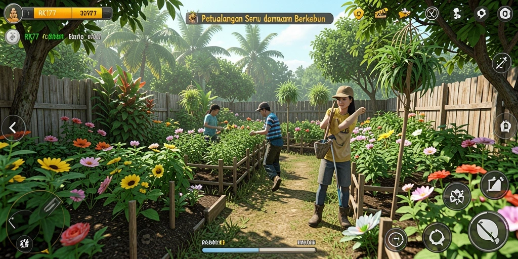 Tampilan gameplay RK77 yang menarik dengan ladang yang subur.