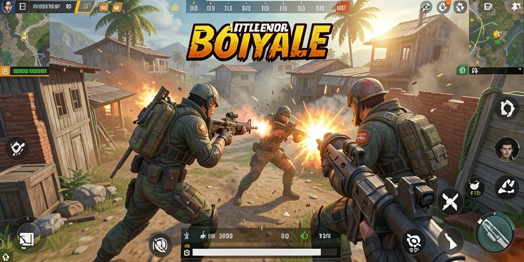 Screenshot utama RP99 menunjukkan aksi seru dalam gameplay Battle Royale.