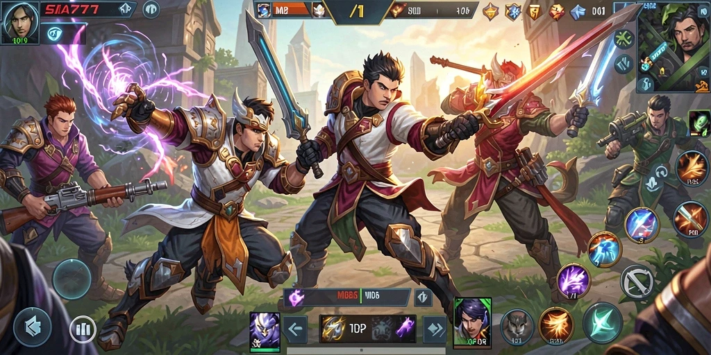 Screenshot utama SIA777 menampilkan aksi seru dalam pertarungan MOBA.