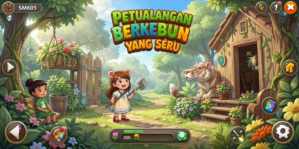 Screenshot gameplay SM605 menampilkan kebun yang indah dengan beragam tanaman.